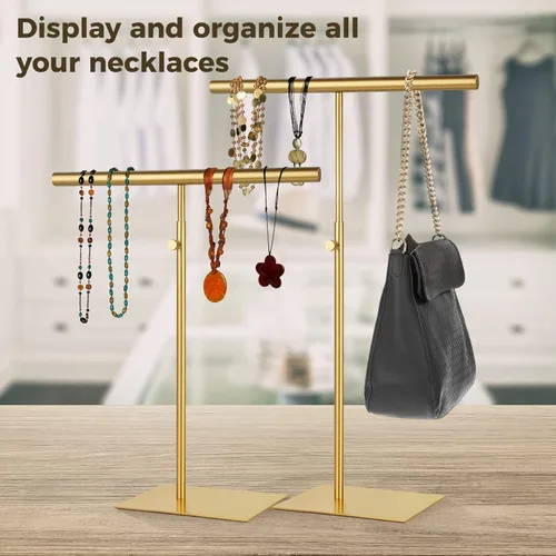 Vista 5 de Varku Soporte de exhibición de bolso, paquete de 2 soportes de mesa dorados pulidos para exhibir, soporte de exhibición de monedero de altura