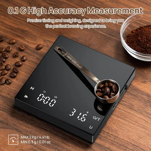 Vista 4 de Meilen Mini báscula de café espresso con temporizador, precisión de 0.00 oz, recargable por USB, 6 unidades de peso, báscula digital de 4.4 lbs