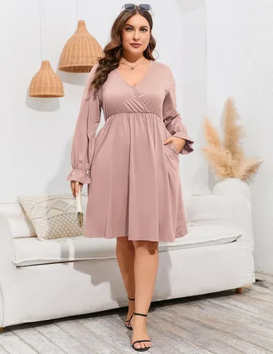 Vista 7 de ShopWonder Vestido de talla grande para mujer, con cuello en V, acampanado, largo hasta la rodilla, vestido de fiesta, minivestido de fiesta