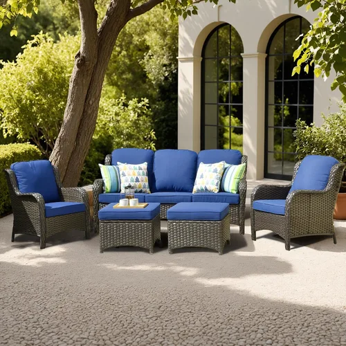 Vista 25 de Juego de muebles de exterior para patio, silla y sofá (ratán marrón, beige, 3 piezas)