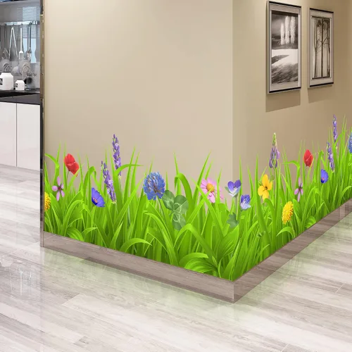 Vista 4 de Pegatinas de pared de plantas verdes frescas, calcomanías de zócalo, hojas verdes, flores coloridas, calcomanías de pared DIY Murales extraíbles