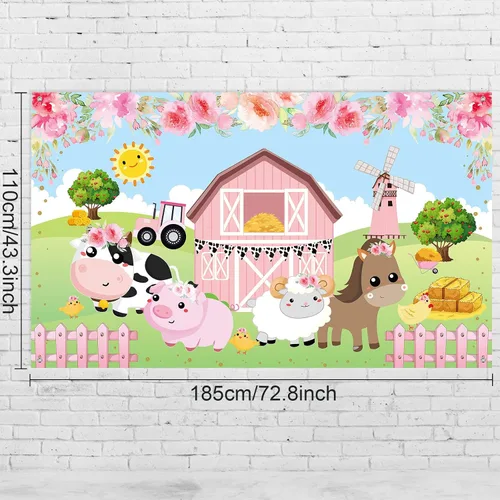 Vista 2 de Tatuo Pancarta de fondo de decoración de cumpleaños de granja rosa, tamaño grande, 3.6 x 6 pies, pancarta de fondo de animales de granero para baby