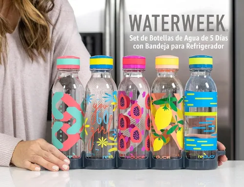 Vista 4 de REDUCE WaterWeek - Botellas de agua reutilizables Tritan de 14 onzas, incluye 5 botellas a prueba de fugas y bandeja para refrigerador, sin BPA