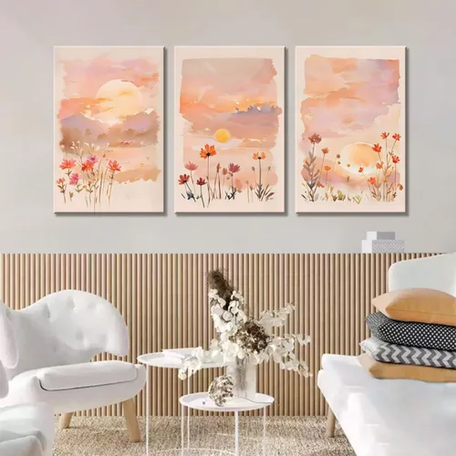 Vista 6 de Eysintum 3 paneles de arte de pared de atardecer rubor, impresiones en lienzo floral en acuarela, arte de paisaje de flores silvestres, decoración
