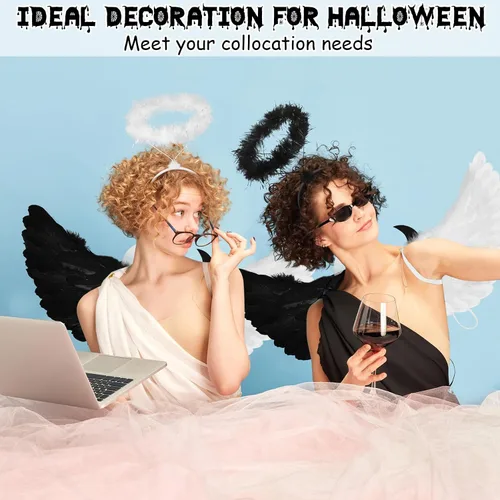 Vista 3 de Liliful 3 piezas de alas de diablo de ángel con diadema, disfraz doble de ángel diablo para niños y adultos, disfraces de Halloween con correas