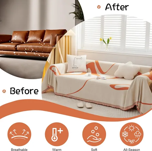 Vista 4 de VClife Funda para Sofá Lavable de Felpa Funda de Sofá Slipcover con Borlas 71''x150''- Funda de Sofá Moderna Minimalista de Jacquard a Rayas Blanco