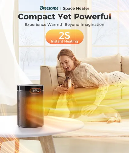 Vista 7 de BREEZOME Calentador de espacio, calentadores eléctricos portátiles para uso en interiores con termostato y temporizador de 24 horas, calentador