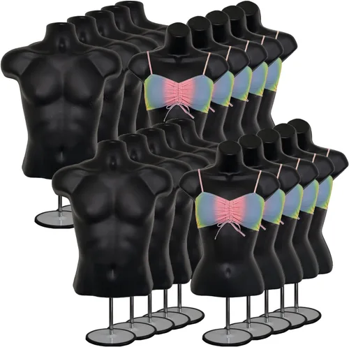 Vista 13 de Maniquí de torso masculino y femenino con soporte de metal, cuerpo con respaldo hueco, apilable, forma de vestido para exhibición de camisetas Negro