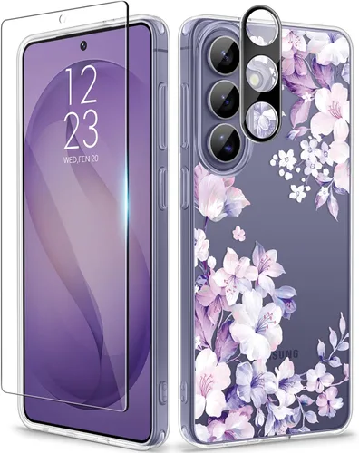 Vista 29 de GVIEWIN Funda protectora para Samsung Galaxy S25, transparente floral, delgada, a prueba de golpes, para mujer, no se pone amarilla, con protector
