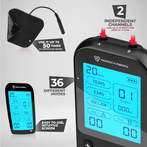 Vista 6 de NEOCARBON TENS Unit - Estimulador muscular Pro para alivio del dolor de espalda, recuperación de hombros y terapia física, máquina masajeadora Negro