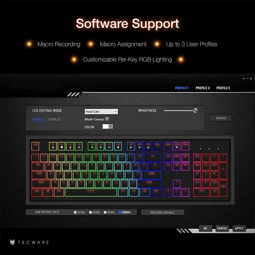 Vista 5 de TECWARE Phantom+ Teclado mecánico para juegos de 87 teclas, LED RGB, teclado TKL 75%, sonido Thocky, interruptor rojo Wraith