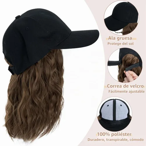 Vista 2 de S-noilite Peluca de gorra de béisbol con extensiones de cabello, 8 pulgadas, corta, rizada, ondulada, estilo Bob, peinado, ajustable, con cabello