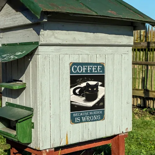Vista 8 de Cartel de metal con texto en inglés «Black Cat Coffee Because Murder Is Wrong», vintage, para dormitorio, hogar, cocina, hotel, bar, cafetería