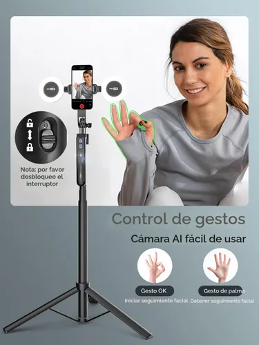 Vista 3 de USKEYVISION Trípode de seguimiento facial automático con rotación de 360°, trípode de teléfono para iPhone con luz de relleno, palo selfie