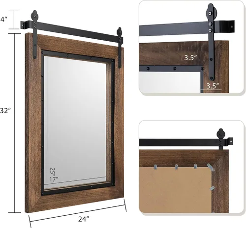 Vista 2 de Espejo de Puerta de Granero Estilo Granja, 32"x24" Espejo de Baño Rústico, Espejo de Pared con Marco de Madera, Espejo de Madera para Sala de Estar