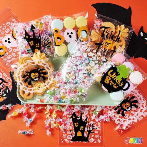 Vista 6 de JOYIN 150 bolsas de celofán de Halloween, autoadhesivas, transparentes para galletas y dulces, para niños, para dulce o truco, pequeña bolsa