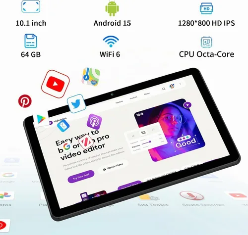 Vista 2 de PRITOM Tablet Android 15,64 GB, Octa-Core, WiFi de 5 GHz, HD, con teclado Funda personalizada, cargador y ratón, Bluetooth, cámara dual, tabla