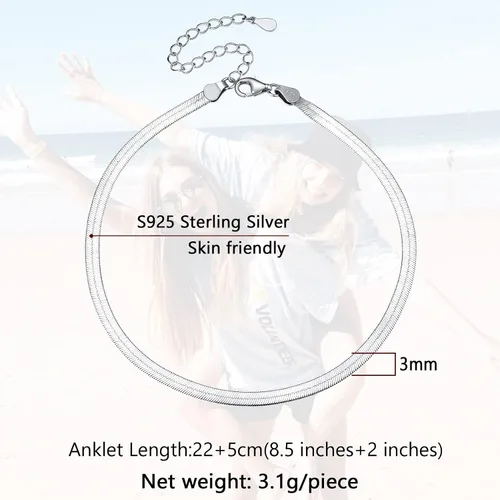 Vista 6 de SILVERCUTE Silver Ankle Bracelets for Women, Sterling Silver Initial Anklet Layer Wear Handmade A-Z Letter Anklet, FlowerFigaroCuban LinkHerringbone