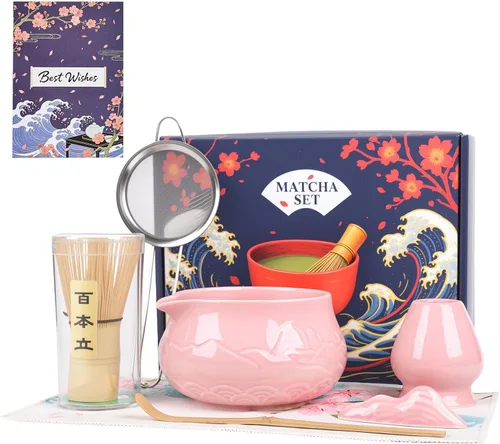 Vista 8 de Juego de 8 piezas de batidor de matcha con cuenco de cerámica, cuchara, descanso, tamiz, tapete de té, tarjeta de felicitación, soporte