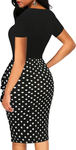 Vista 2 de oxiuly OX300 - Vestido de tubo delgado con cuello en V y dobladillo con volantes para mujer, elegante, para fiesta, iglesia, vestido ajustado