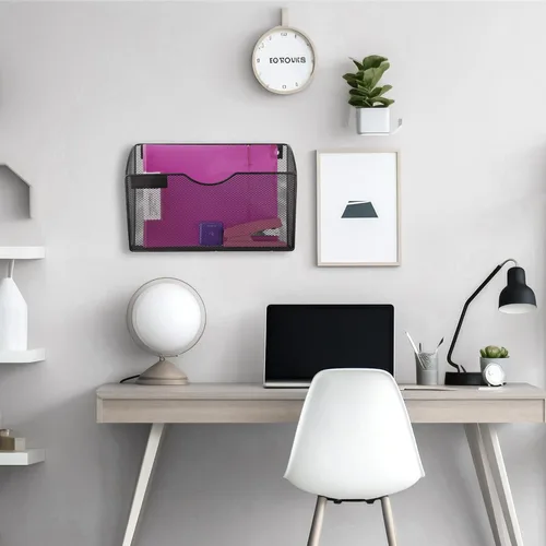 Vista 7 de Organizador de archivos de pared de malla con 1 bolsillo, organizador de archivos para colgar en la oficina, revistero, juego de ganchos