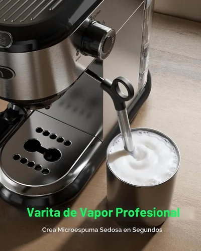 Vista 4 de HBN Máquina de café expreso de 20 Bar con espumador de leche, cafetera compacta para café molido, cafetera de acero inoxidable con varilla de vapor