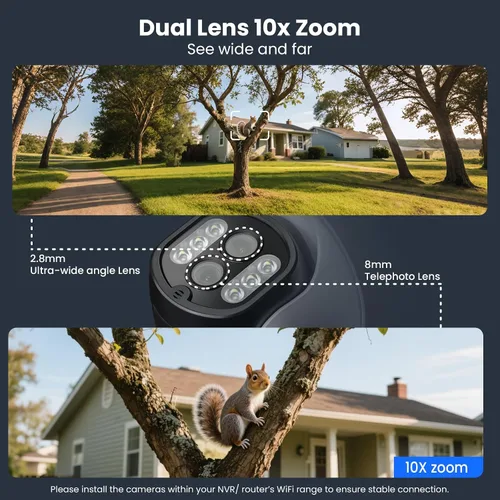Vista 2 de xmartO Cámara de seguridad PTZ de doble lente con zoom de 10X, seguimiento automático de 2 K, sistema de seguridad PTZ inalámbrico HD