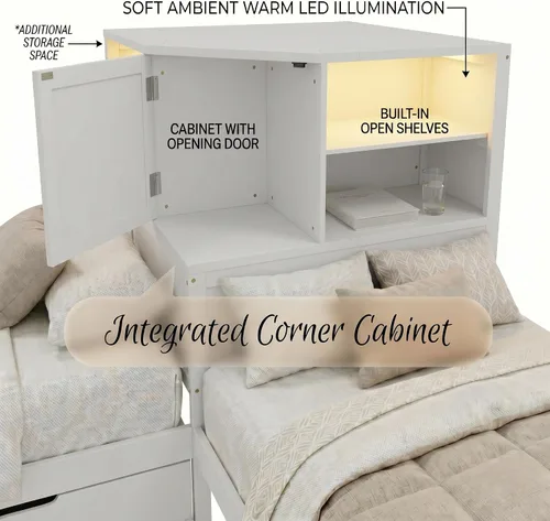 Vista 5 de Polibi Base de cama individual combinada en forma de L con nido y cajones intercambiables, plataforma de esquina baja 3 en 1, cama vinculada