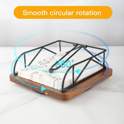 Vista 8 de Servilletero para mesa, madera de acacia y metal, giratorio de 360°, rústico, cuadrado, para servilletas de papel, decoración de mesa de comedor