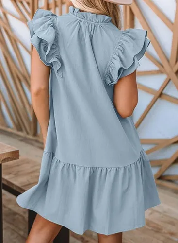 Vista 2 de Dokotoo Vestido corto de verano para mujer con cuello en V, cordón y volantes, manga corta, bolsillos laterales, mini vestido de verano