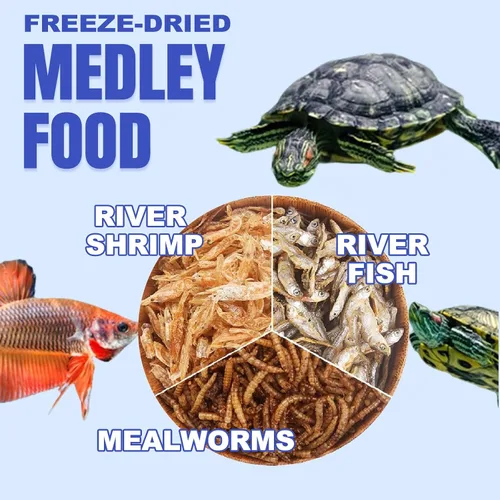 Vista 2 de Amzey Paquete de 2 alimentos para tortugas acuáticas, vitaminas, golosinas enriquecidas de congelación, gusanos de harina secos, camarones de río