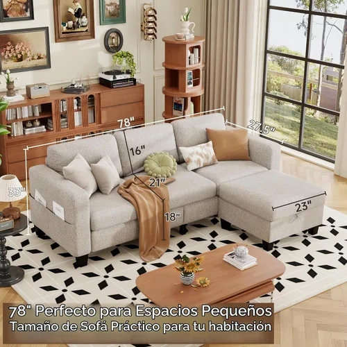 Vista 2 de ZeeFu Sofás modulares y modulares para sala de estar, sofá modular en forma de L de 3 plazas de 78 pulgadas con otomana de almacenamiento, moderno
