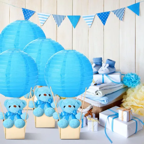 Vista 6 de Baquler Juego de 12 centros de mesa con globos aerostáticos para baby shower, bricolaje, linternas de papel, de peluche, cestas de madera para Azul