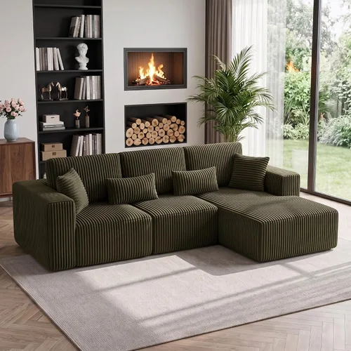 Vista 11 de Sofá modular de 110 pulgadas, sofá modular de pana en forma de L sin hueso con diván, moderno sofá de asiento profundo tapizado para sala de estar