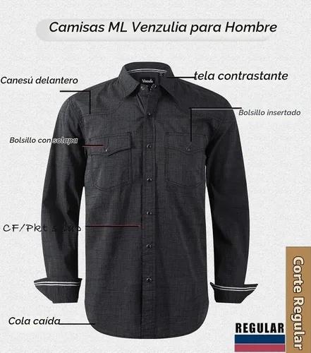 Vista 3 de Camisas occidentales de manga larga con botones para hombre, camisas a cuadros de ajuste regular Blkslub