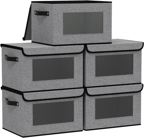 Vista 8 de Cajas de almacenamiento plegables con tapas, organizadores de armario de lino, contenedores de almacenamiento de 10.2 x 7.8 x 6.7 pulgadas para Beige