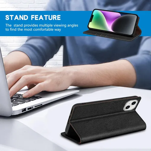 Vista 5 de ZZXX Funda tipo cartera para iPhone 14 con bloqueo RFID, soporte de ranura para tarjetas, funda protectora de cuero magnético fuerte plegable