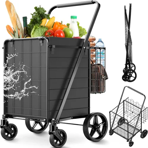 Vista 11 de 【2025𝐍𝐄𝐖】Carrito de compras plegable extra grande de 2 niveles con ruedas, carrito de compras de 400 libras para víveres con 2 cestas extraíbles