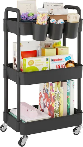 Vista 16 de UDEAR Carrito utilitario rodante de 3 niveles, estantes de almacenamiento multifuncionales con asa y ruedas con cerradura para habitación, oficina
