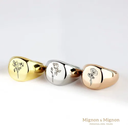 Vista 5 de MignonandMignon Anillo de sello, joyería de flores, regalo personalizado para su soplador de nacimiento floral, sello grabado personalizado Navidad