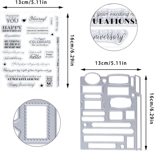 Vista 2 de Sucrain 2 troqueles de metal troquelados y sellos de silicona transparente, para hacer tarjetas, papel, manualidades, álbumes de recortes
