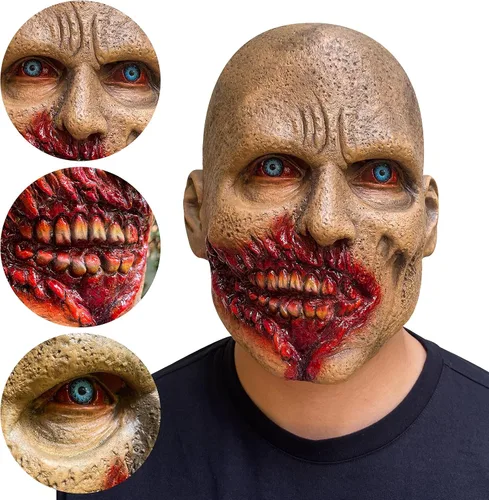 Vista 2 de Máscara de zombi aterradora de látex espeluznante para Halloween, disfraz de terror sangriento para adultos, accesorios de decoración de Halloween