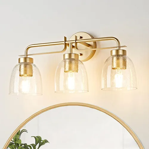 Vista 6 de Luces de tocador modernas de mediados de siglo de 16 pulgadas, lámpara dorada de 2 luces con pantallas de campana blancas esmeriladas, aplique