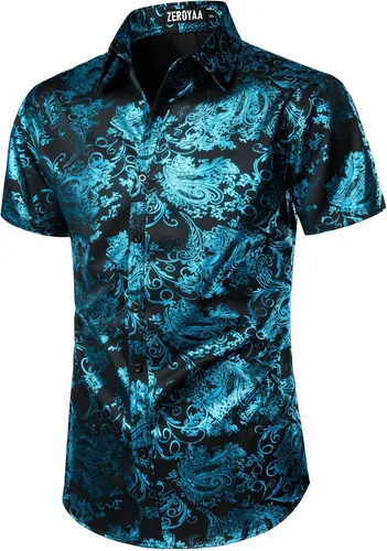 Vista 3 de ZEROYAA Camisa de vestir de manga corta con botones y estampado de cachemira brillante para hombre