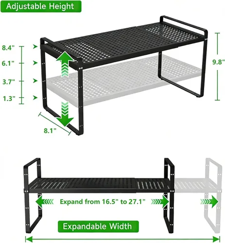 Vista 4 de Estante Organizador de Gabinete Expandible, Elevador de Estante Apilable para Cocina Pequeña, Despensa, Escritorio, Armario, Encimera, Oficina