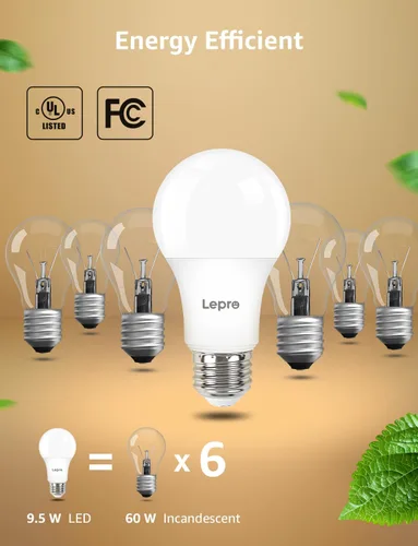 Vista 5 de Lepro - Bombillas LED regulables de 60 W equivalentes, 9.5 W, 800 lm, luz blanca cálida suave de 2700 K, base media estándar A19 E26, certificadas