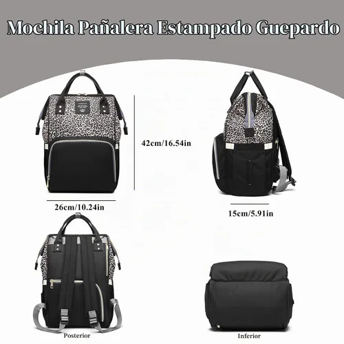 Vista 2 de Bolsa de pañales con estampado de leopardo, mochila multifunción para el cuidado del bebé, bolsa de viaje impermeable para mamá, color marrón