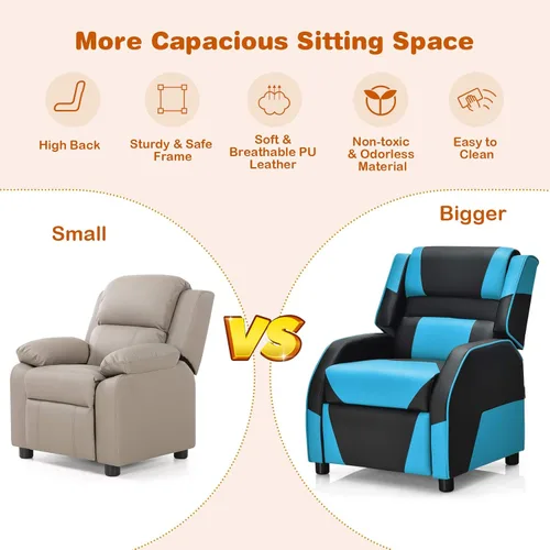 Vista 8 de Giantex Silla reclinable para niños, silla reclinable para juegos con reposapiés, reposacabezas y soporte lumbar, silla ergonómica de cuero para Azul