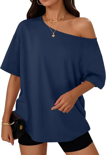 Vista 23 de Trendy Queen Camisetas de verano de gran tamaño con hombros descubiertos Negro