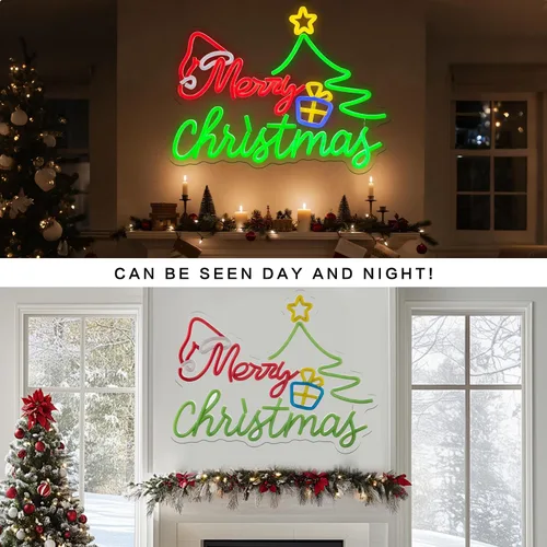 Vista 2 de Letrero de neón de Feliz Navidad para decoración, luz de ventana de neón con sombrero de árbol de Navidad, decoración de pared de 16.4 x 12.6
